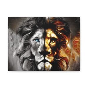 Dual Tone Lion Canvas Wall Art — Half Ice, Half Flame Stretched Matte Canvas