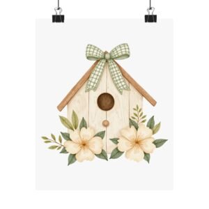 Birdhouse Floral Poster — Matte Vertical Wall Art, Cottagecore Spring Decor