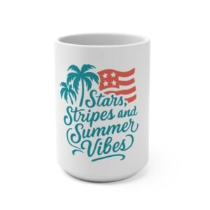Stars, Stripes and Summer Vibes Mug — 15oz Patriotic Palm Tree Coffee Cup