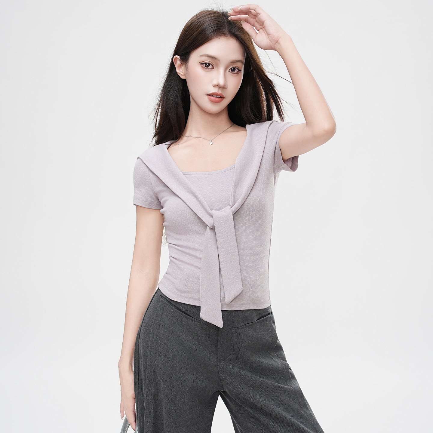 False Two-Piece Design Shoulder Cape V-Neck Short Sleeve T-Shirt Women's Unique Fitted Crop Top - Image 2