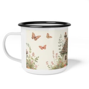 Enamel Camp Cup — Whimsical Cottage & Butterflies Camping Mug