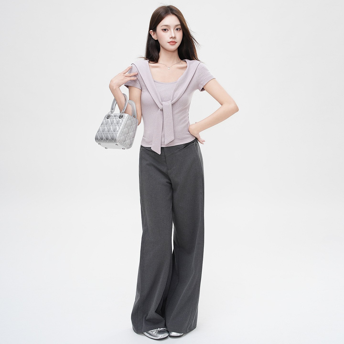 False Two-Piece Design Shoulder Cape V-Neck Short Sleeve T-Shirt Women's Unique Fitted Crop Top - Image 5