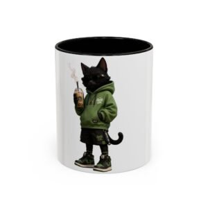 Cool Black Cat Wearing Hoodie Coffee Mug — Cute Streetwear Cat Design (11oz/15oz)