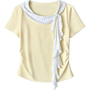 Round Collar Short Sleeve T-Shirt for Women, Fitted Pleated Waist-Cinching Regular Shoulder Top