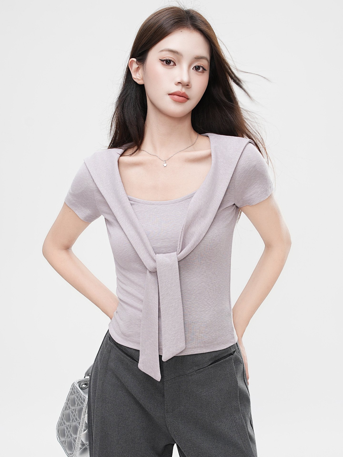False Two-Piece Design Shoulder Cape V-Neck Short Sleeve T-Shirt Women's Unique Fitted Crop Top - Image 6