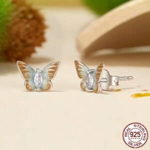 Gradient Enamel Butterfly Stud Earrings  Made Of 925 Sterling Silver